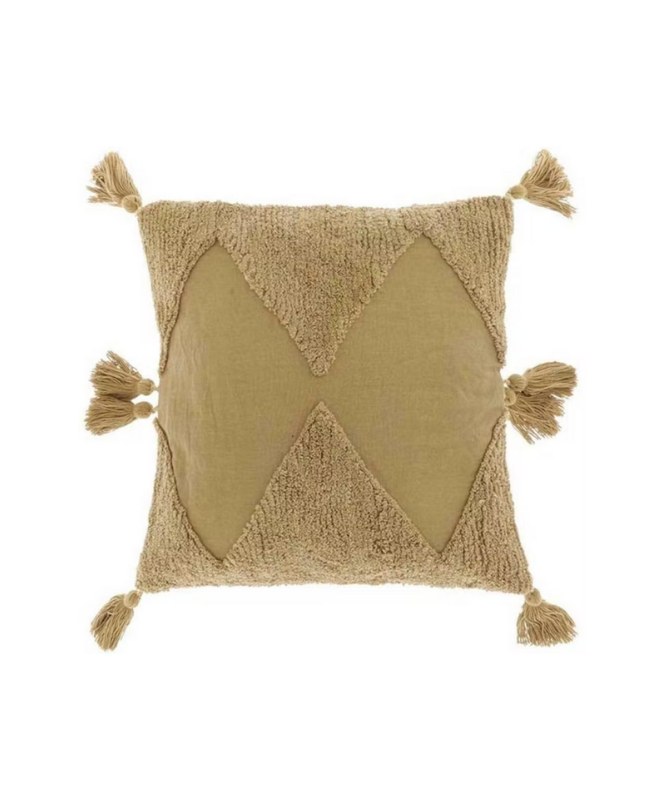 Coussin pompons moutarde